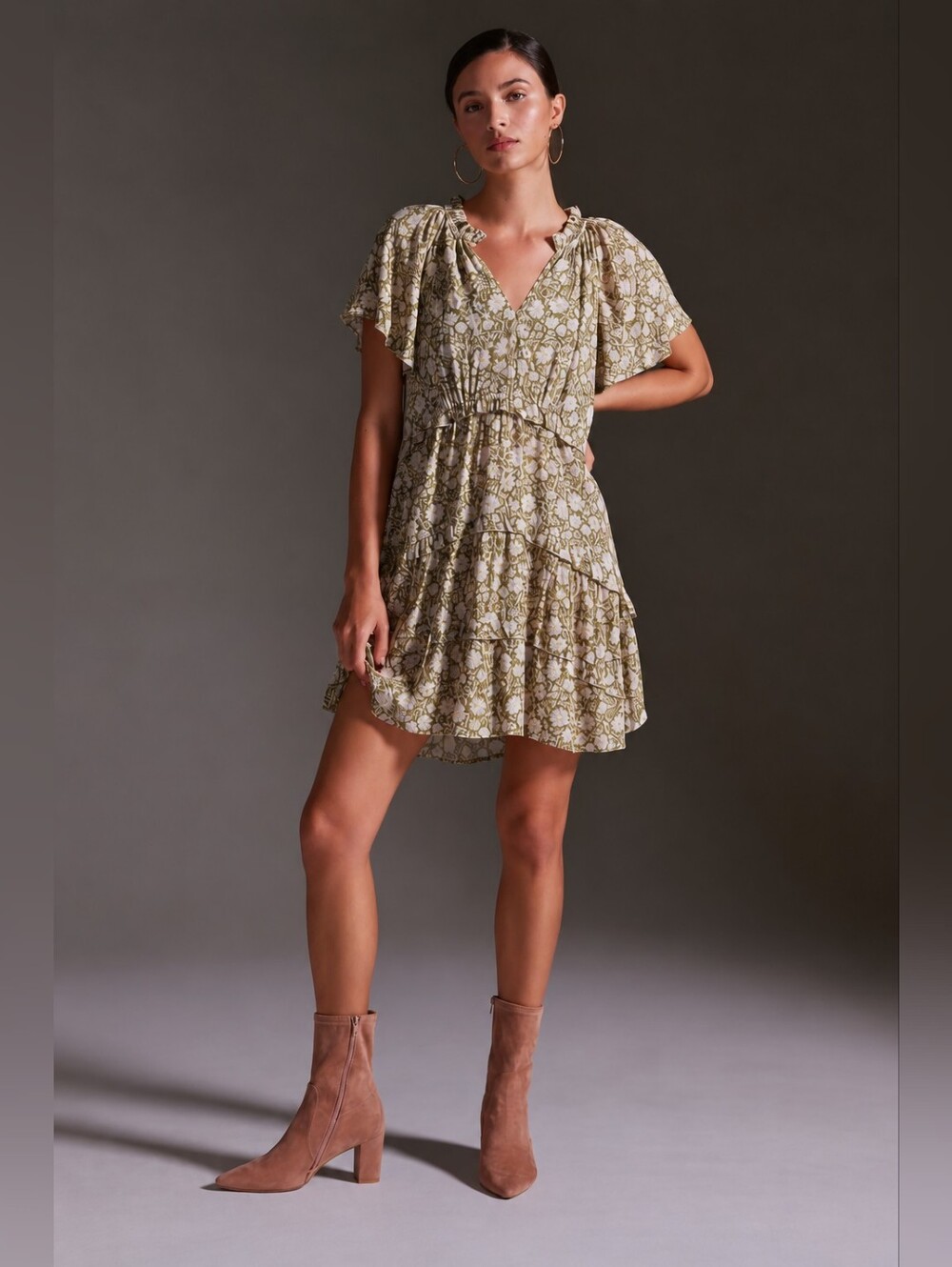 Anthropologie Olive Green Floral Tiered Ruffle Dress